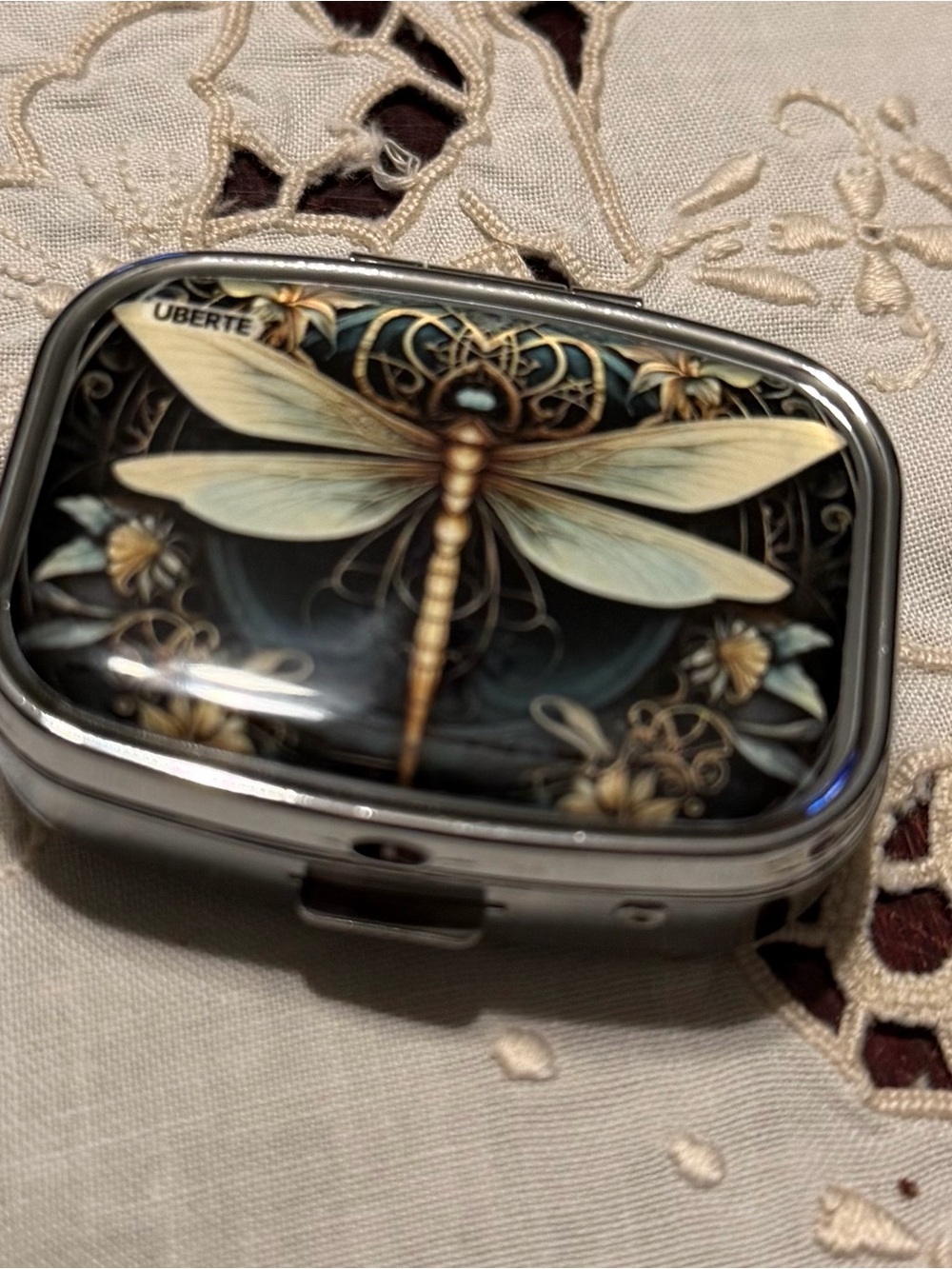 New Black & Cream Dragonfly Pill Box #244